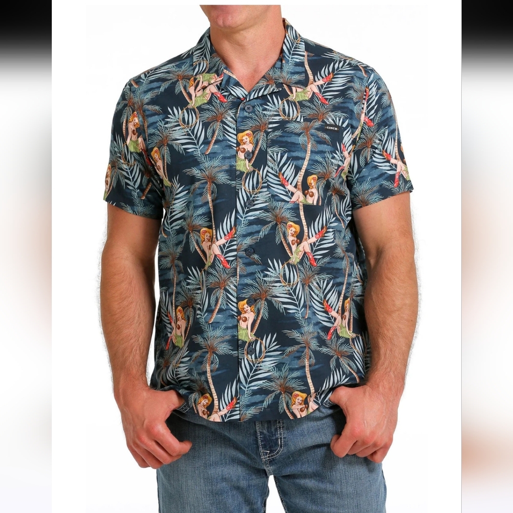 Cinch Men's Navy Tropical Pin-Up Aloha Camp Print Shirt